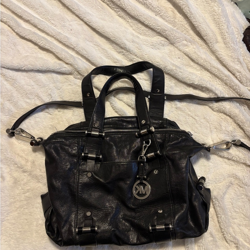 Michael Kors Black Leather Handbag with Silver Accents
